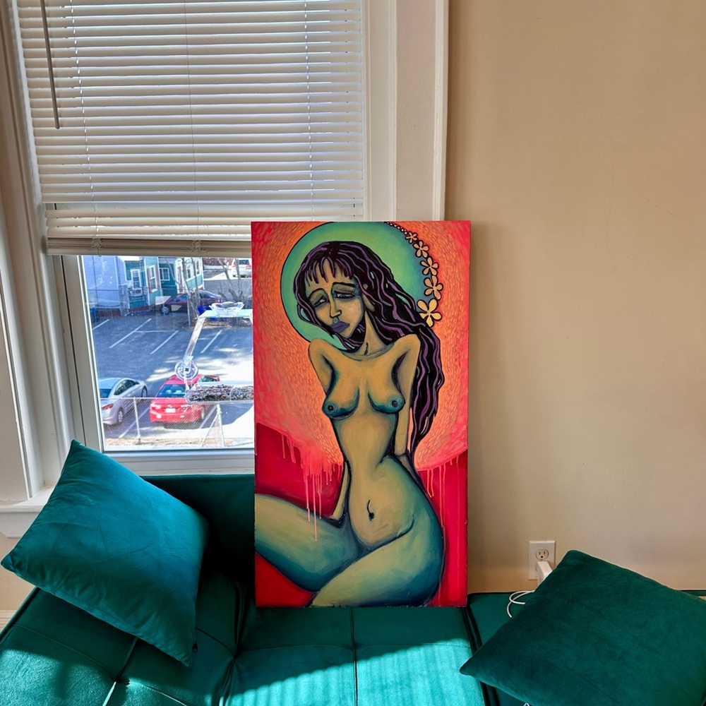 Vibrant Red and Blue Figurative Painting
